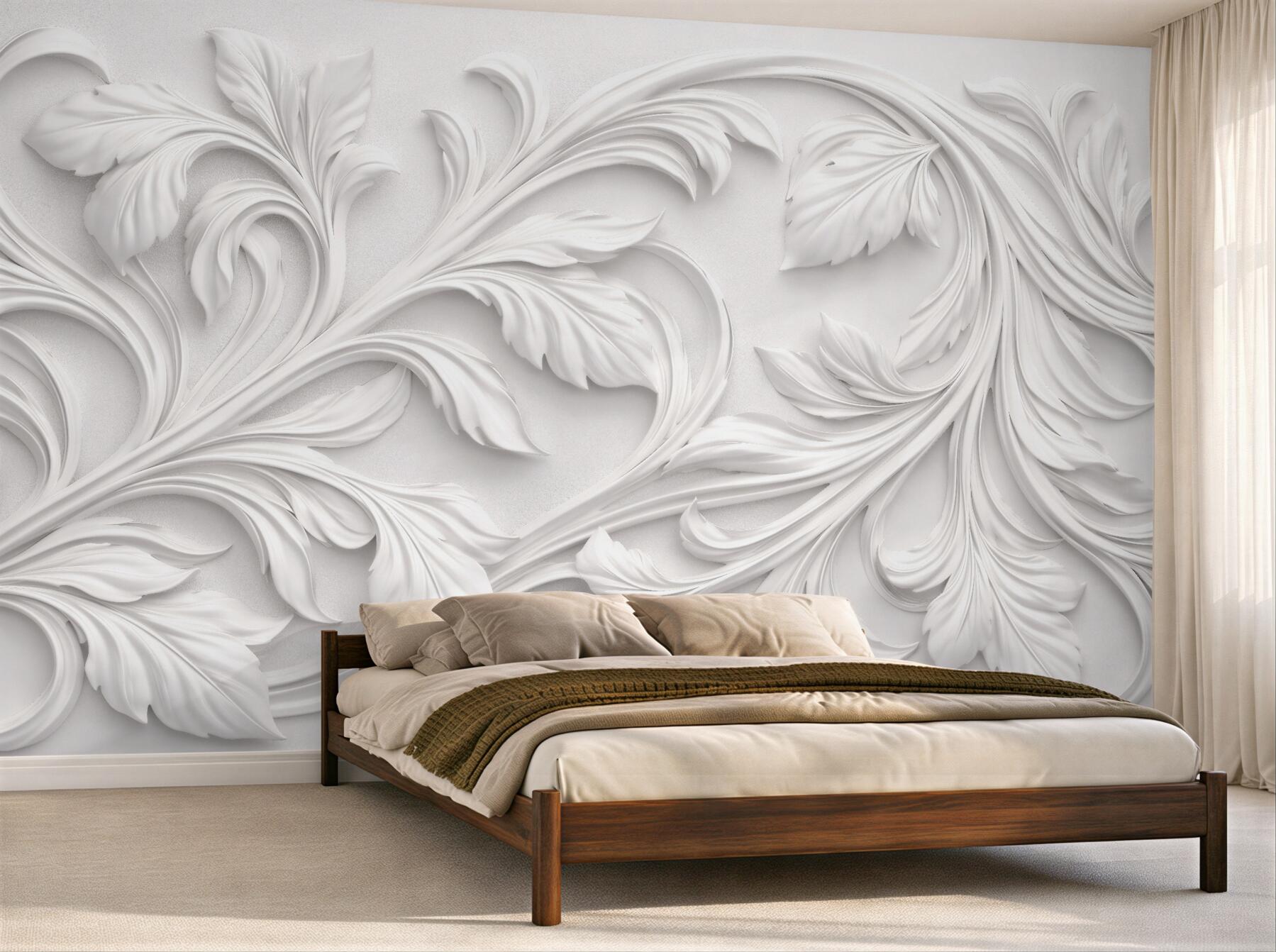 Fototapeta białe ornamenty liściaste 3d