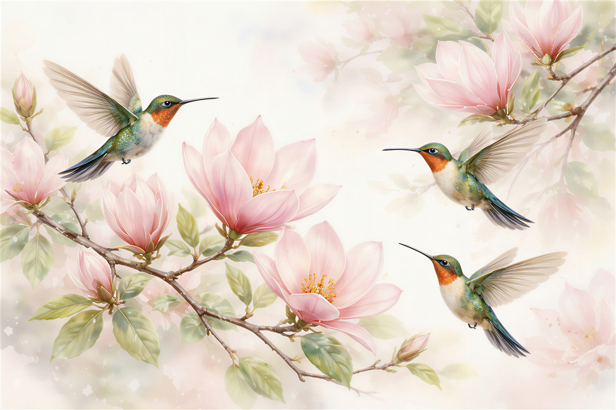 Fototapeta kolibry wśród różowych magnolii