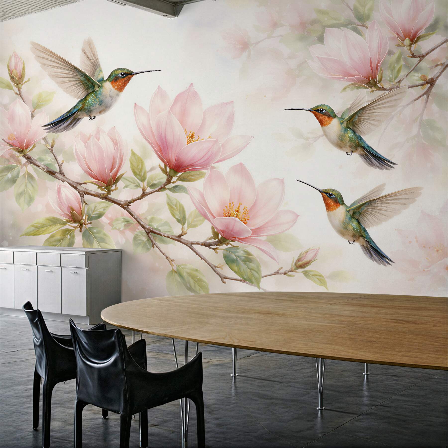 Fototapeta kolibry wśród różowych magnolii