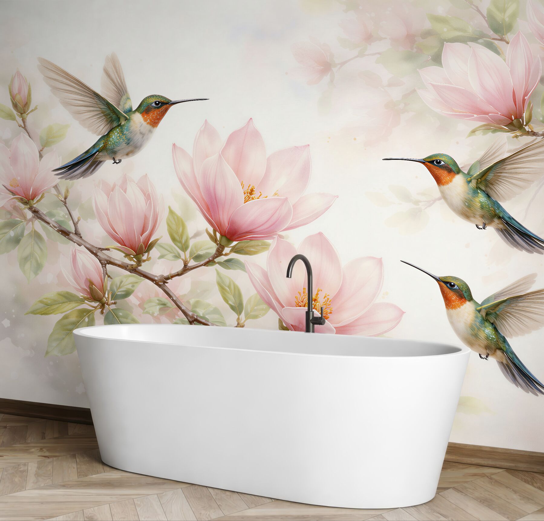 Fototapeta kolibry wśród różowych magnolii