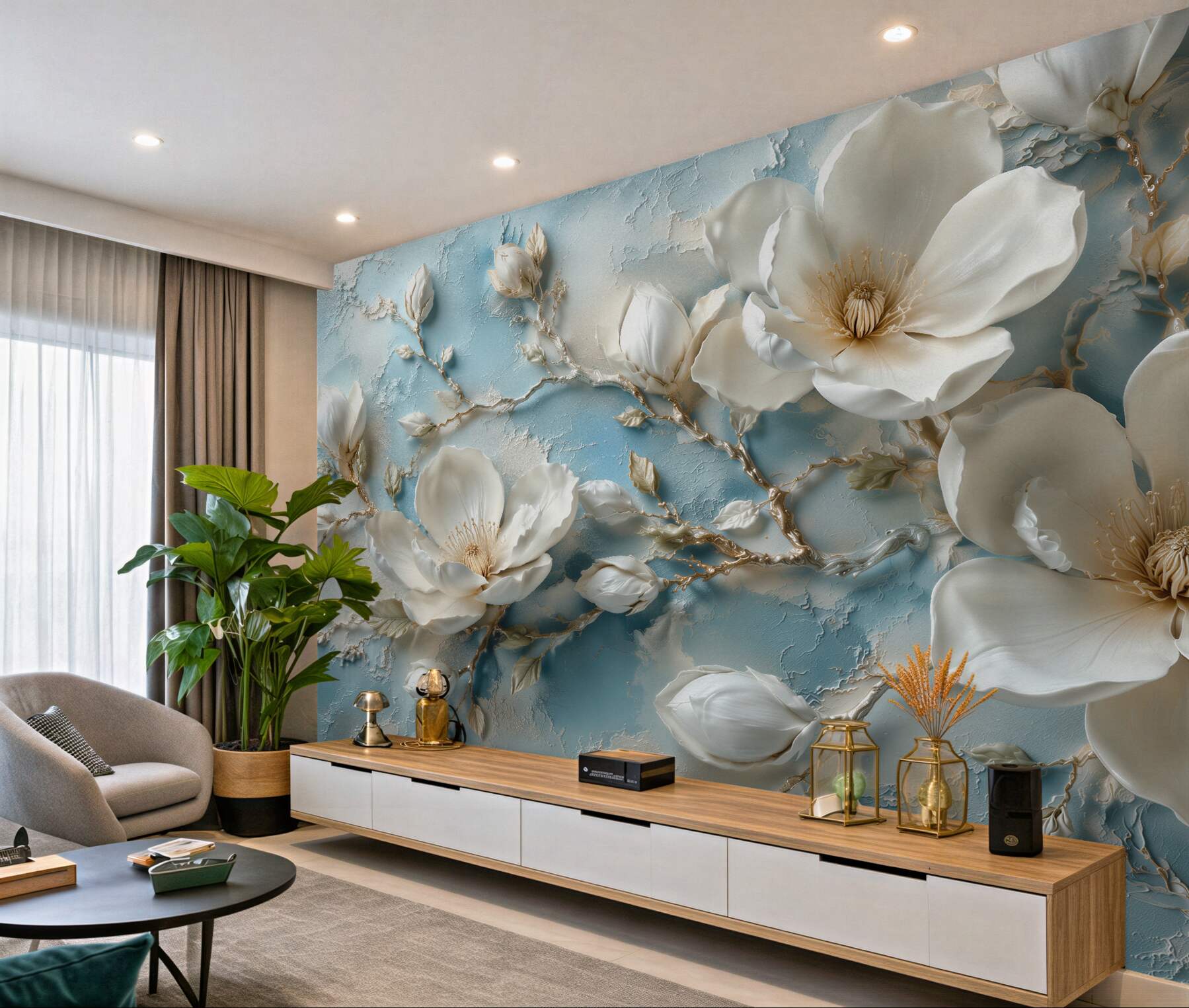 Fototapeta magnolie 3d na błękitnym tle