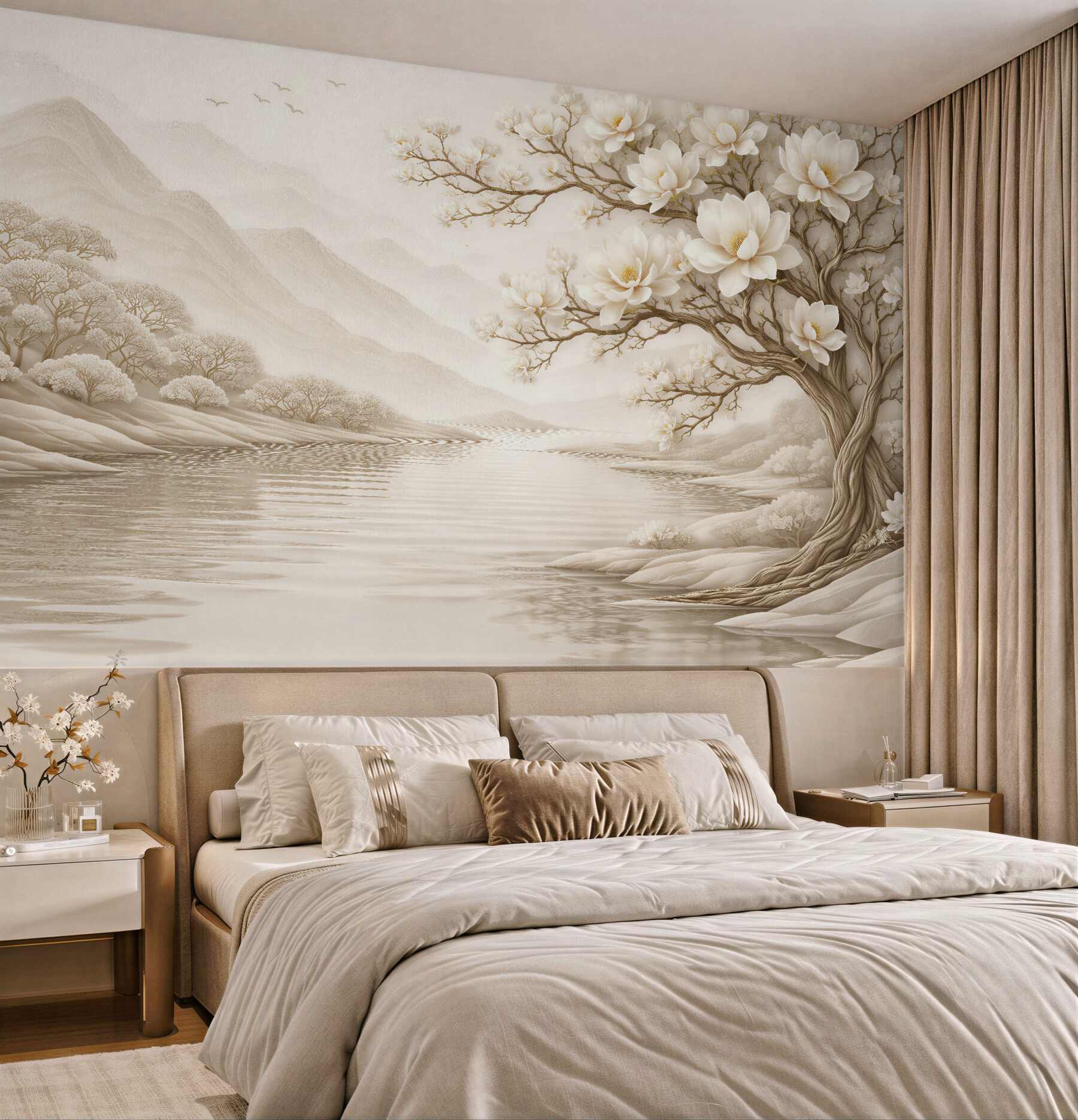 Fototapeta kremowa magnolia nad spokojną wodą