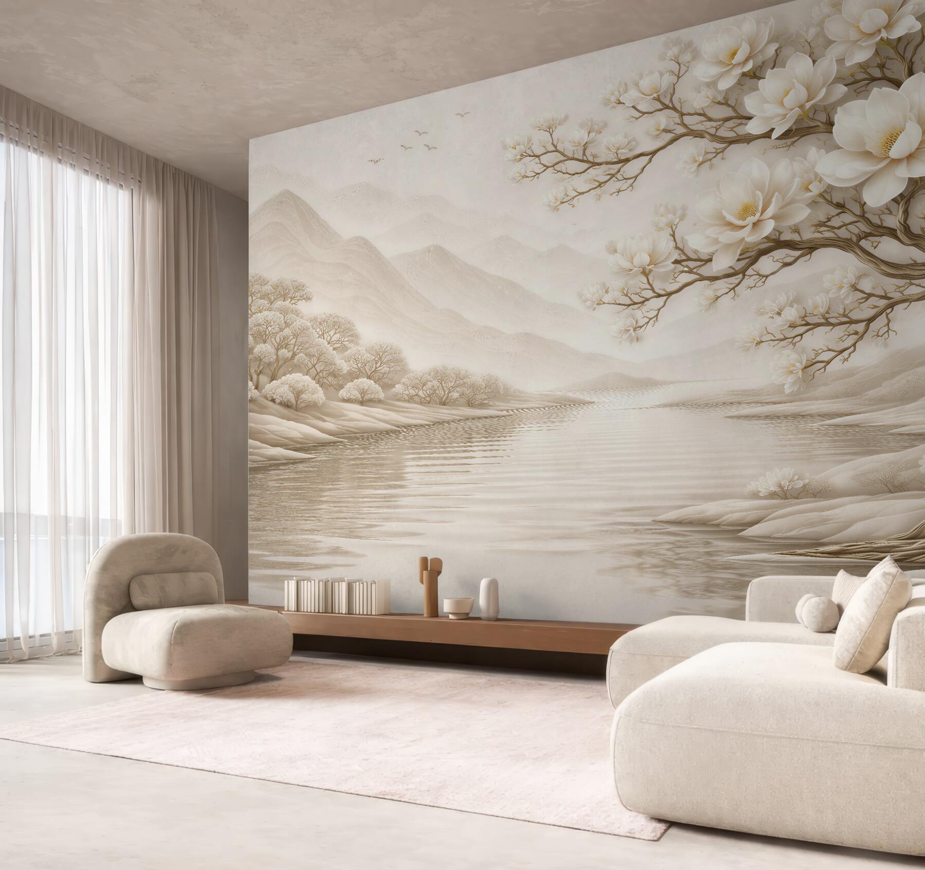 Fototapeta kremowa magnolia nad spokojną wodą