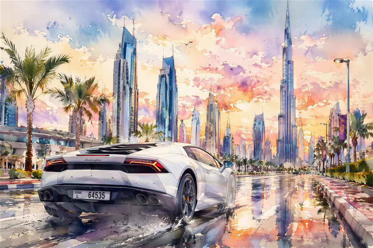 Fototapeta sportowe auto pod dubajskim niebem