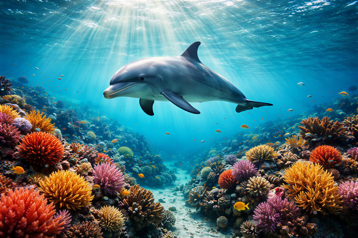 Fototapeta delfin w kolorowej rafie