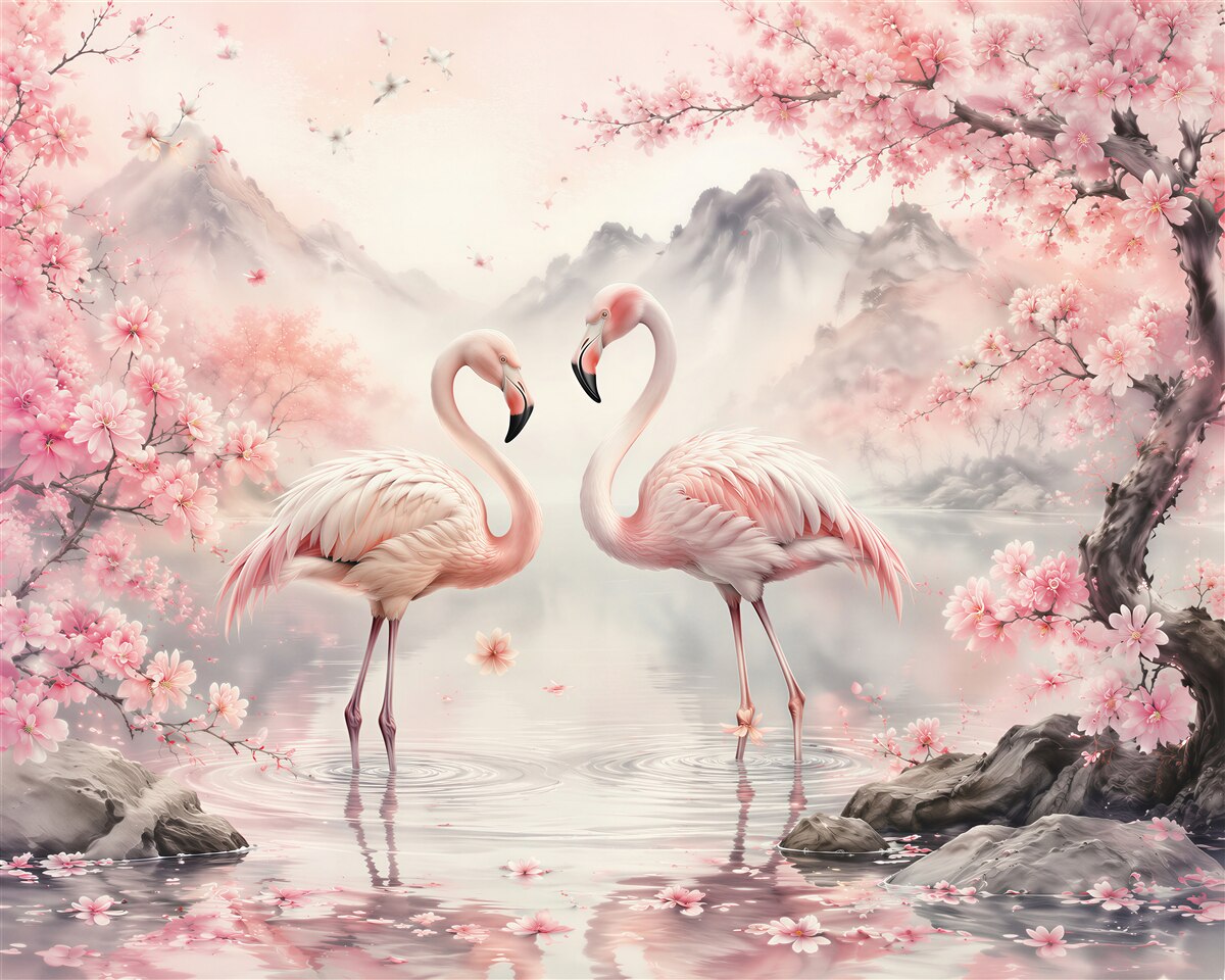 Fototapeta flamingi w kwitnącej idylli