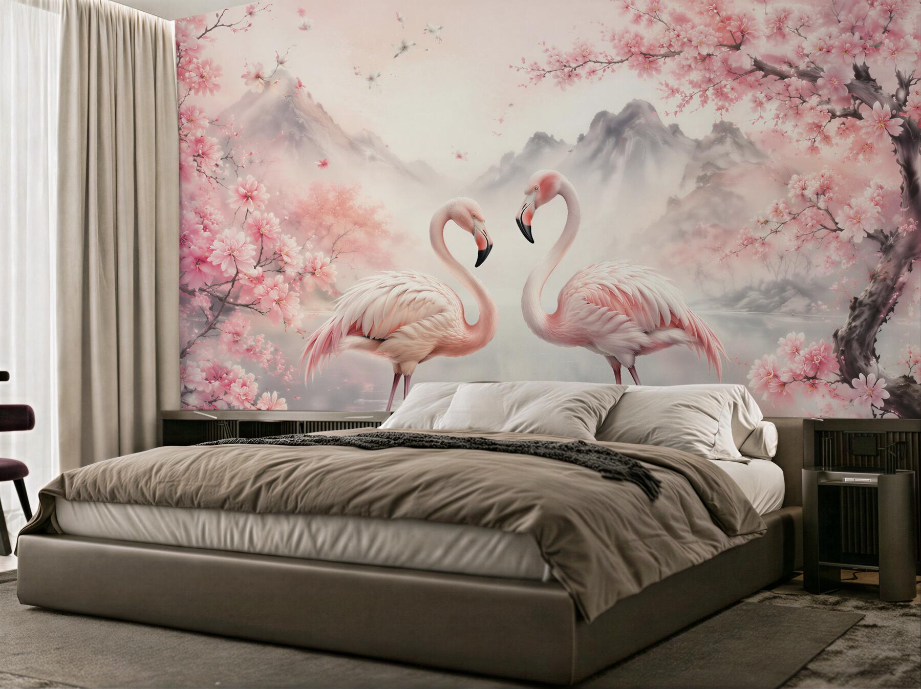 Fototapeta flamingi w kwitnącej idylli