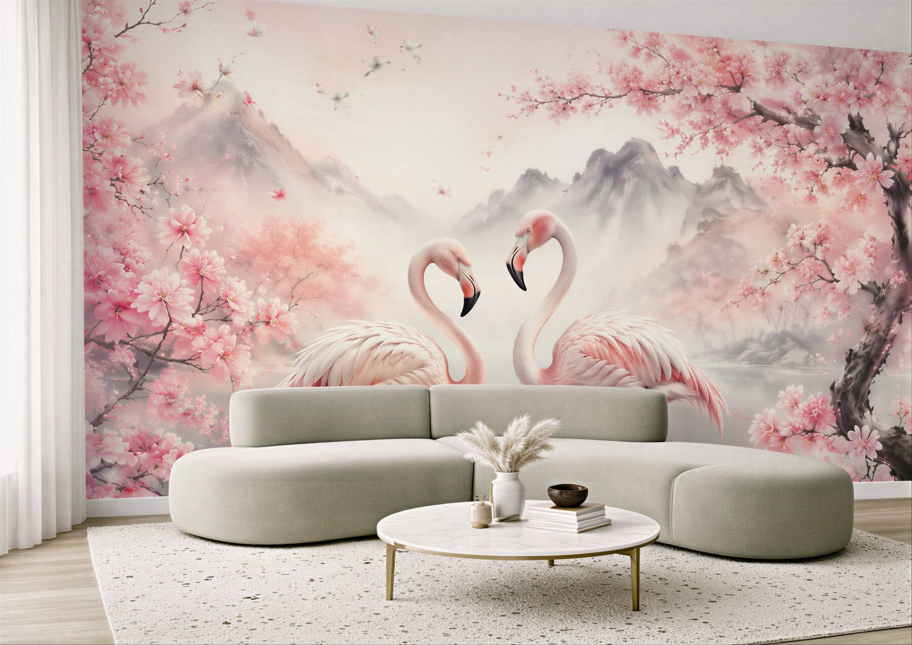 Fototapeta flamingi w kwitnącej idylli