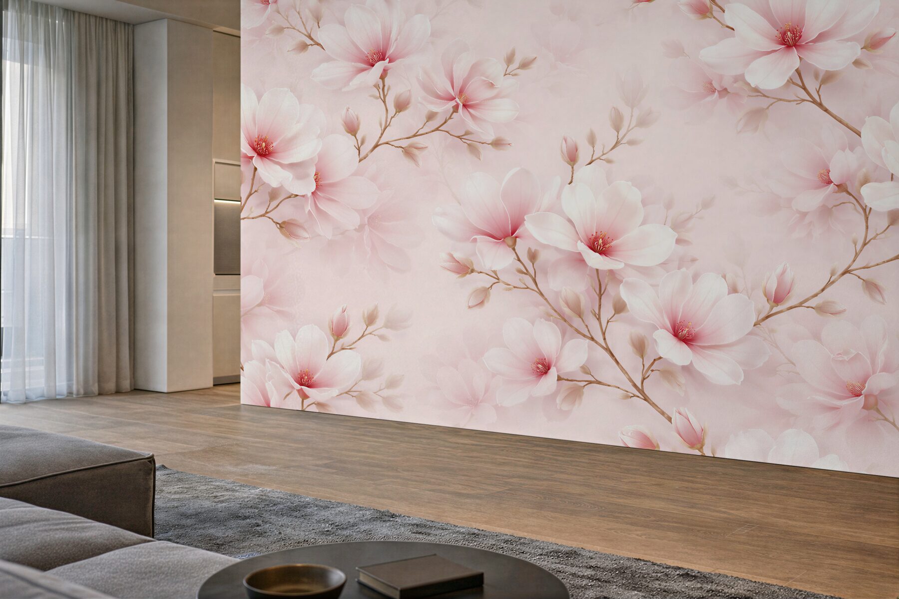 Fototapeta pudrowa magnolia w kwiatach