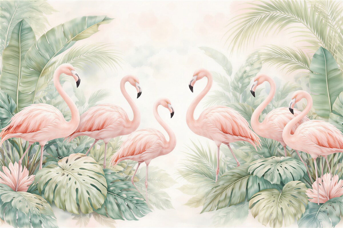 Fototapeta flamingi w tropikalnych liściach