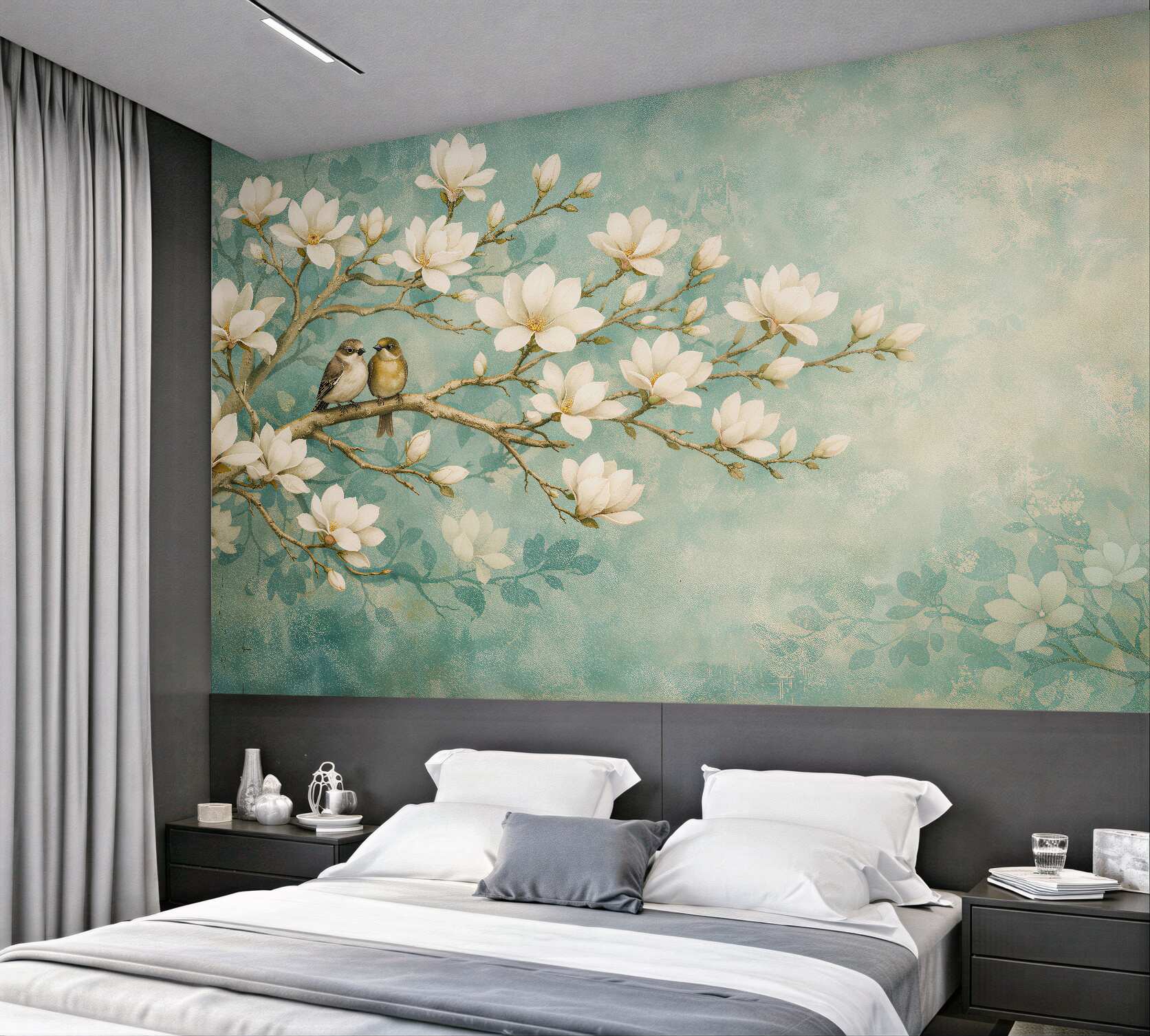 Fototapeta magnolie z ptaszkami na gałęzi