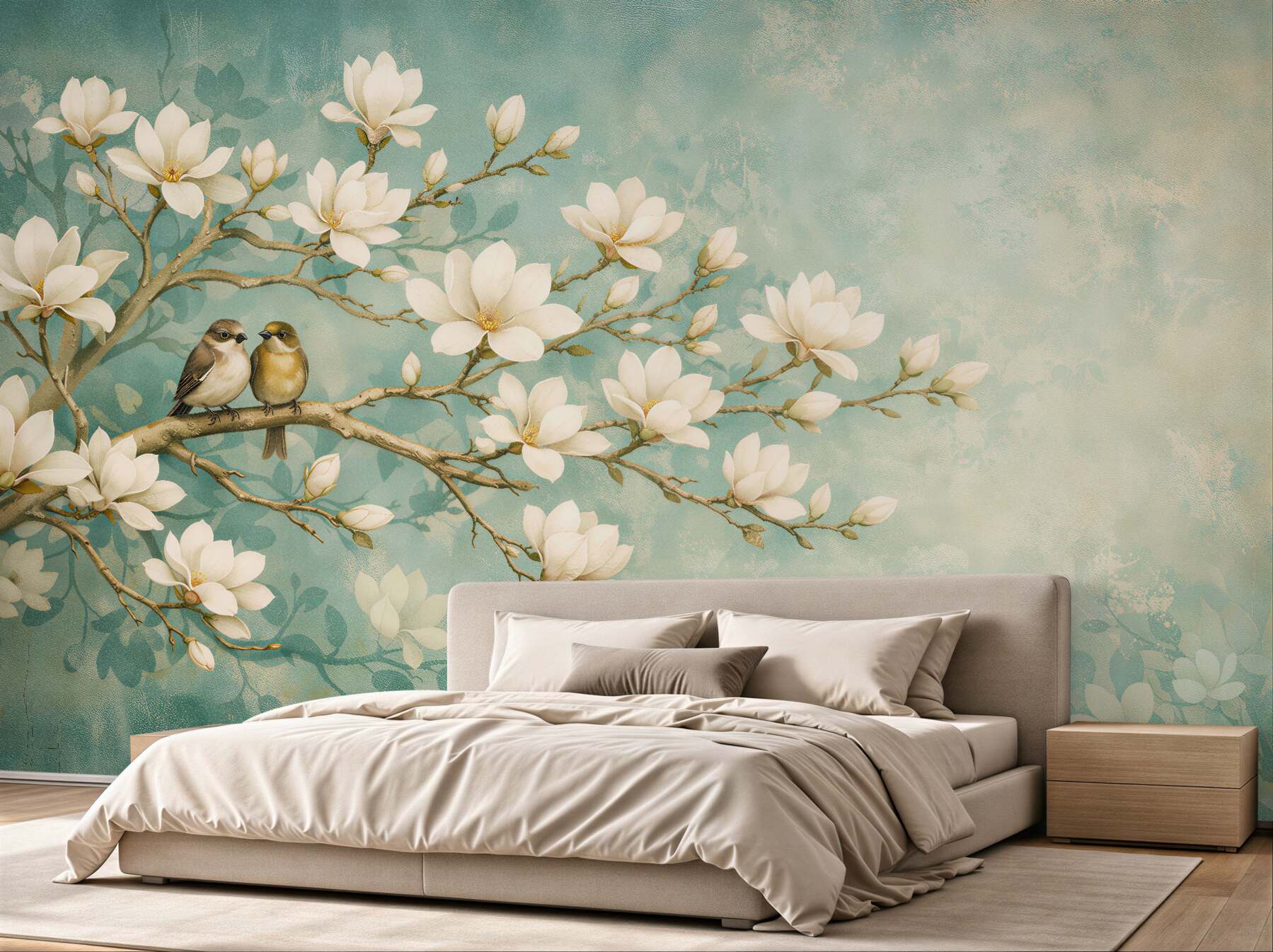 Fototapeta magnolie z ptaszkami na gałęzi