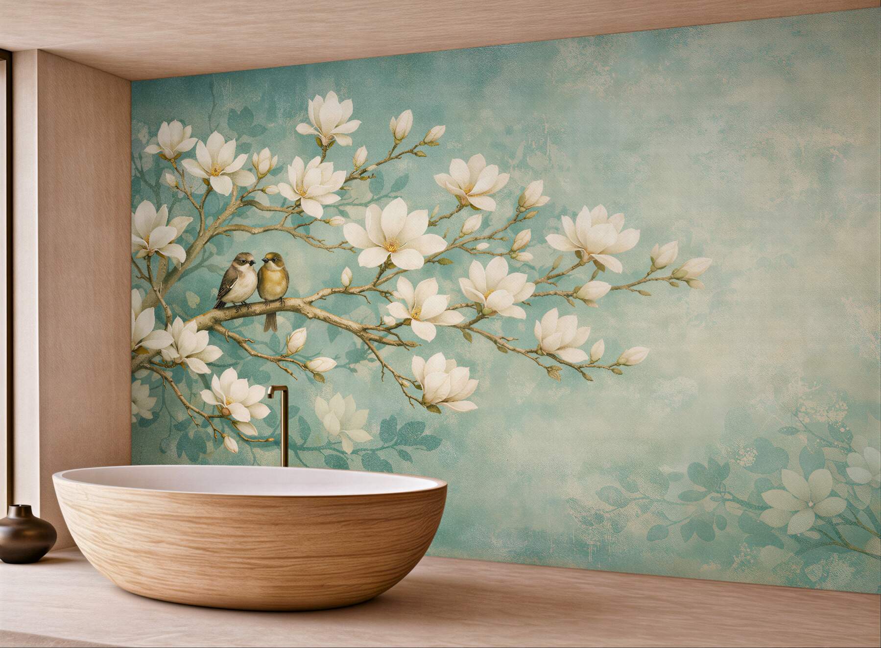 Fototapeta magnolie z ptaszkami na gałęzi