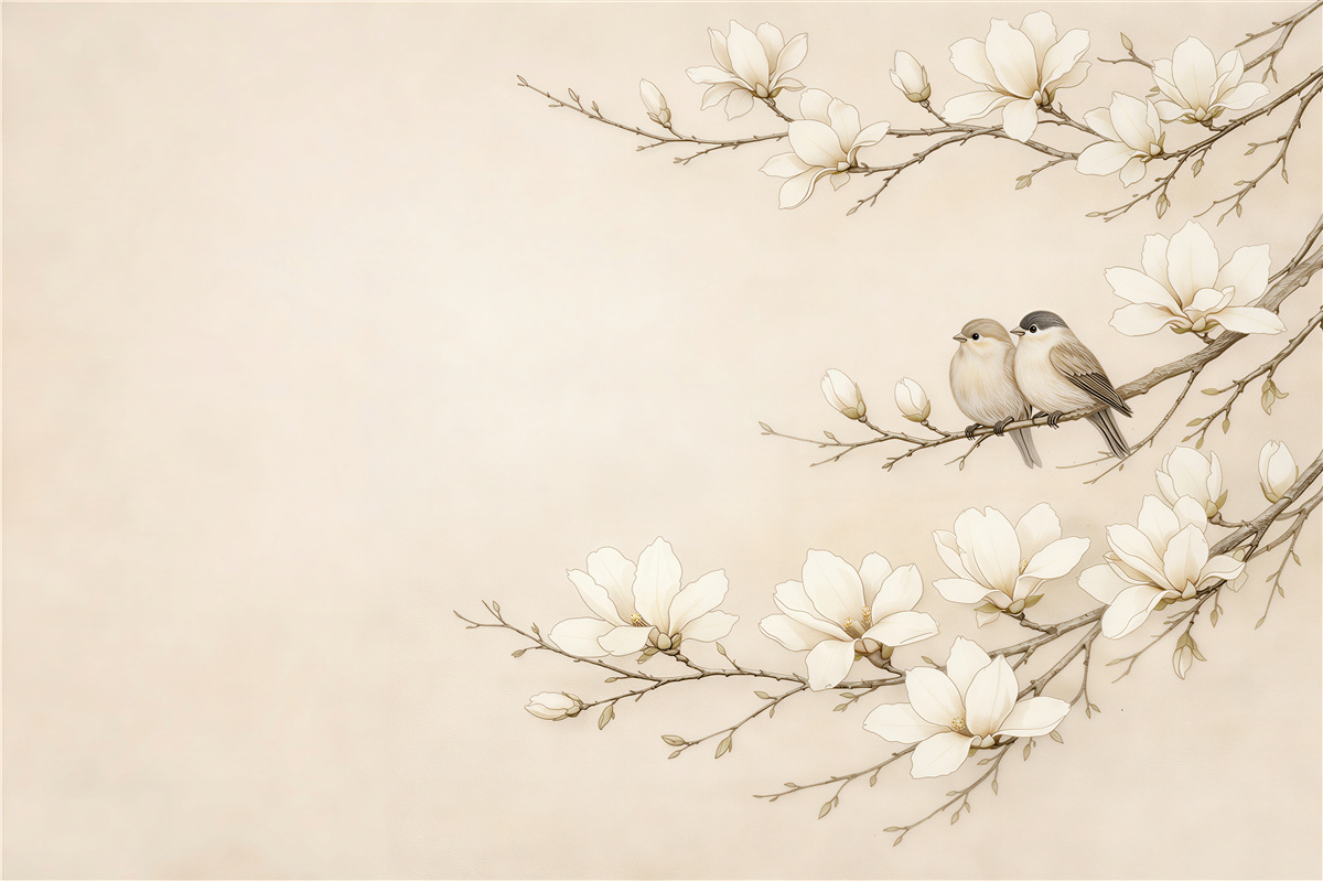 Fototapeta magnolie z ptaszkami w beżu