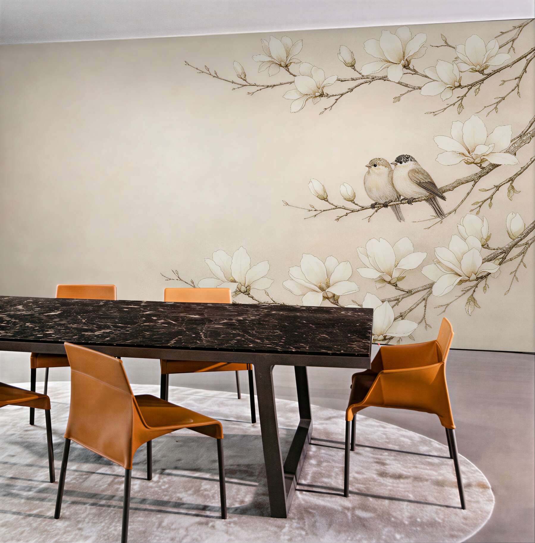 Fototapeta magnolie z ptaszkami w beżu