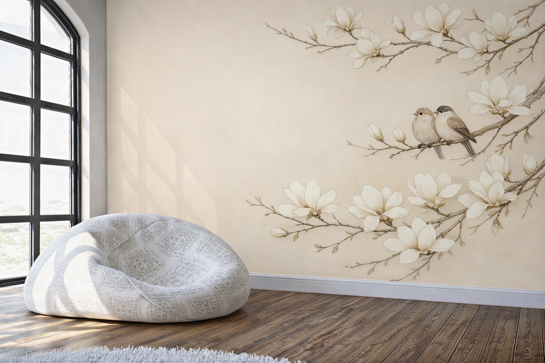 Fototapeta magnolie z ptaszkami w beżu