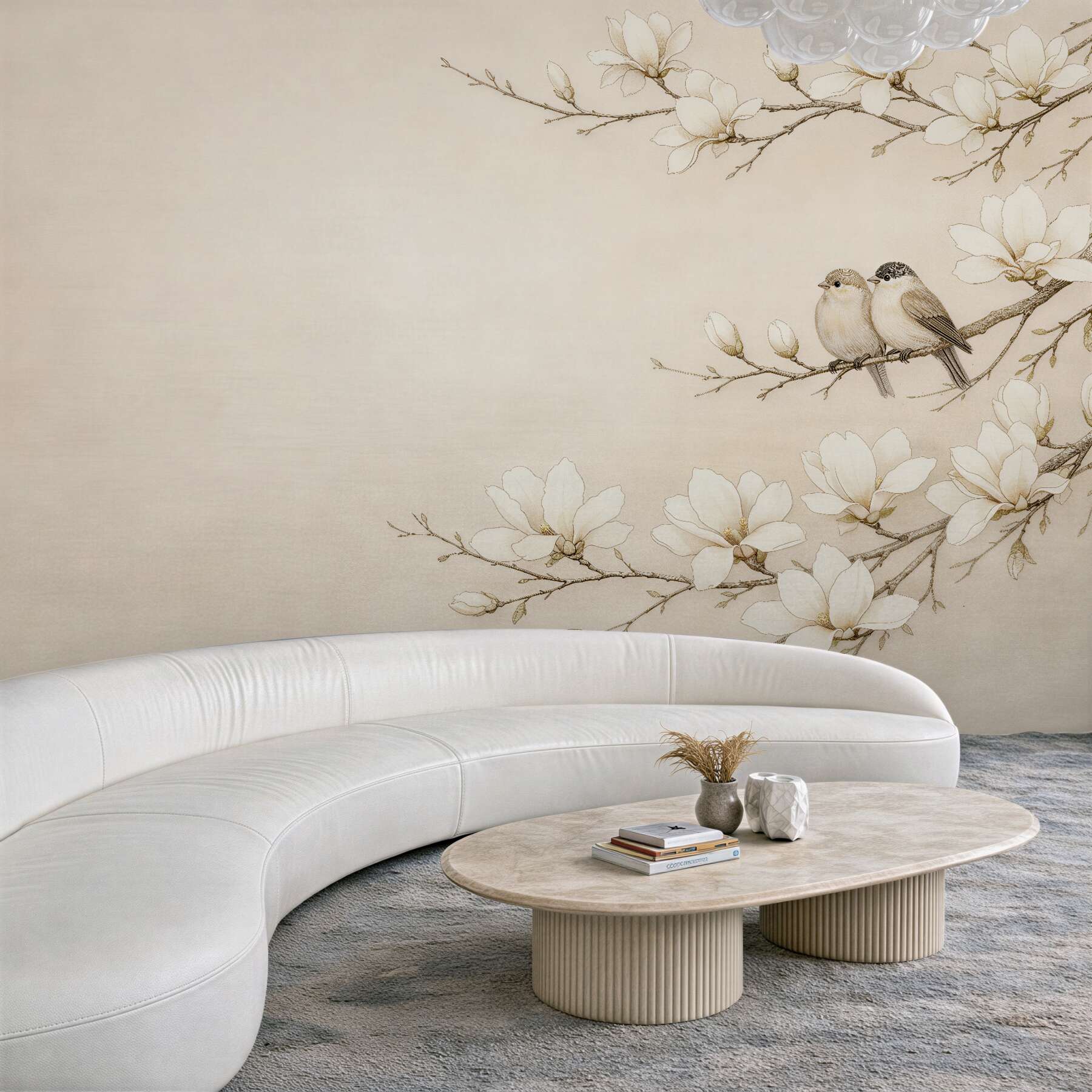 Fototapeta magnolie z ptaszkami w beżu