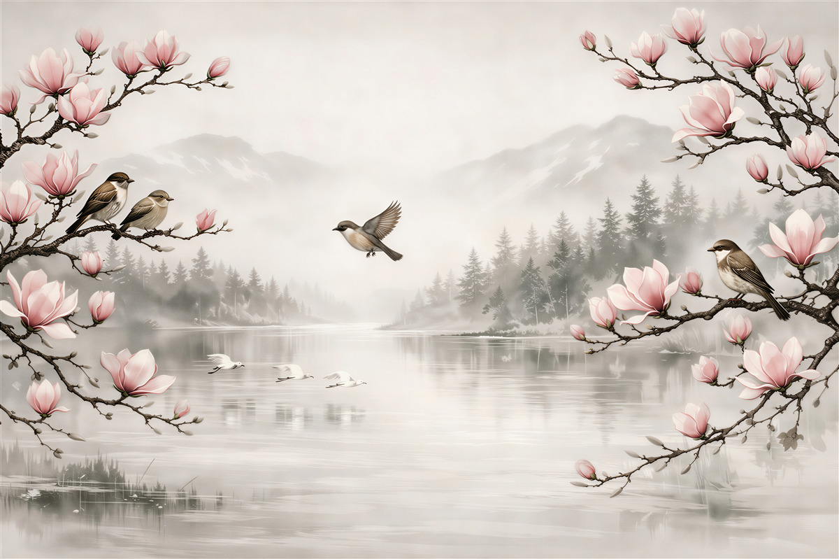 Fototapeta magnolie nad mglistym jeziorem