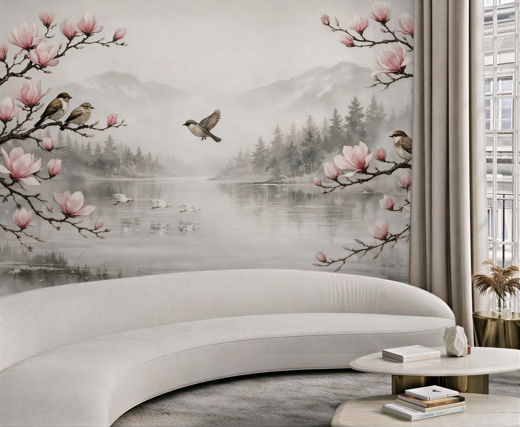 Fototapeta magnolie nad mglistym jeziorem