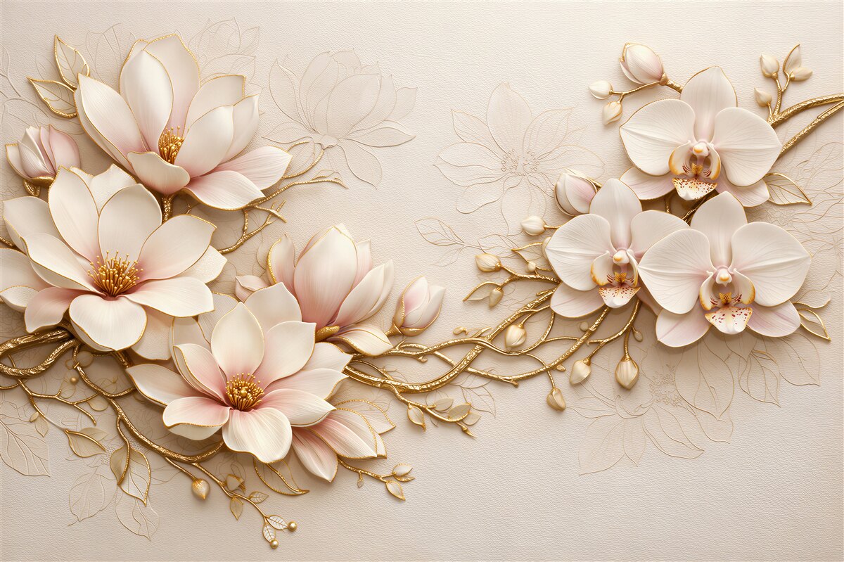 Fototapeta złote magnolie i orchidee glamour