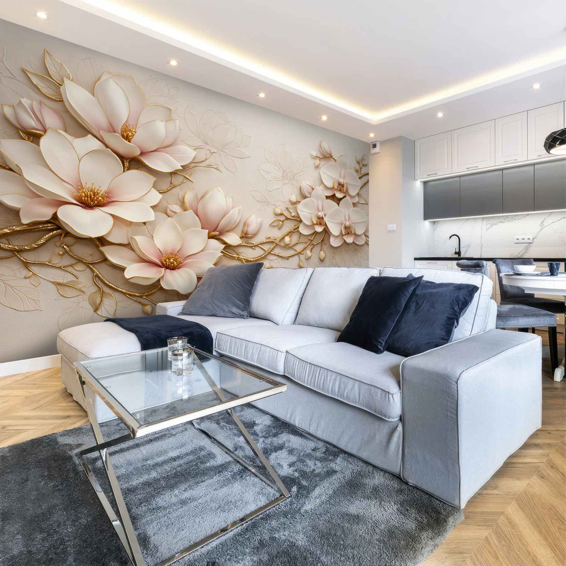 Fototapeta złote magnolie i orchidee glamour