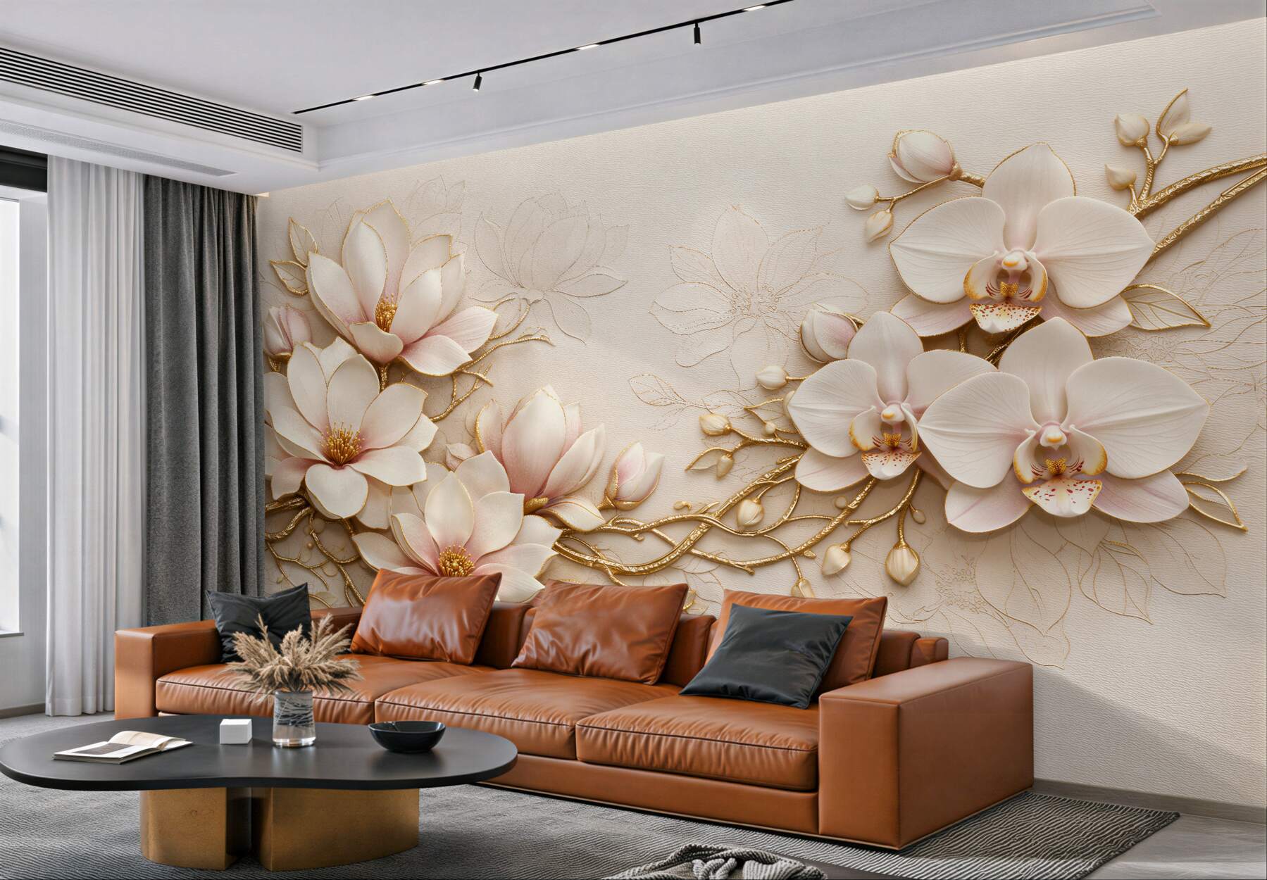Fototapeta złote magnolie i orchidee glamour