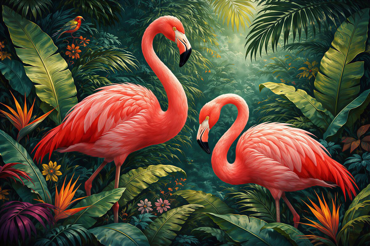 Fototapeta różowe flamingi w tropikalnej dżungli