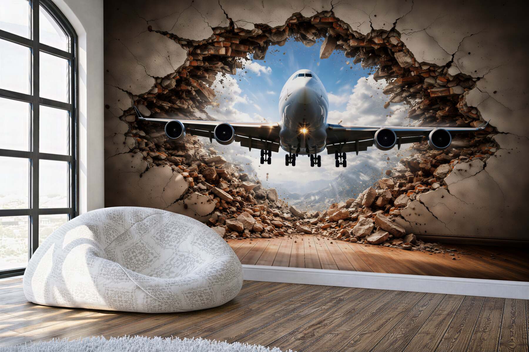 Fototapeta samolot przebijający ścianę 3d