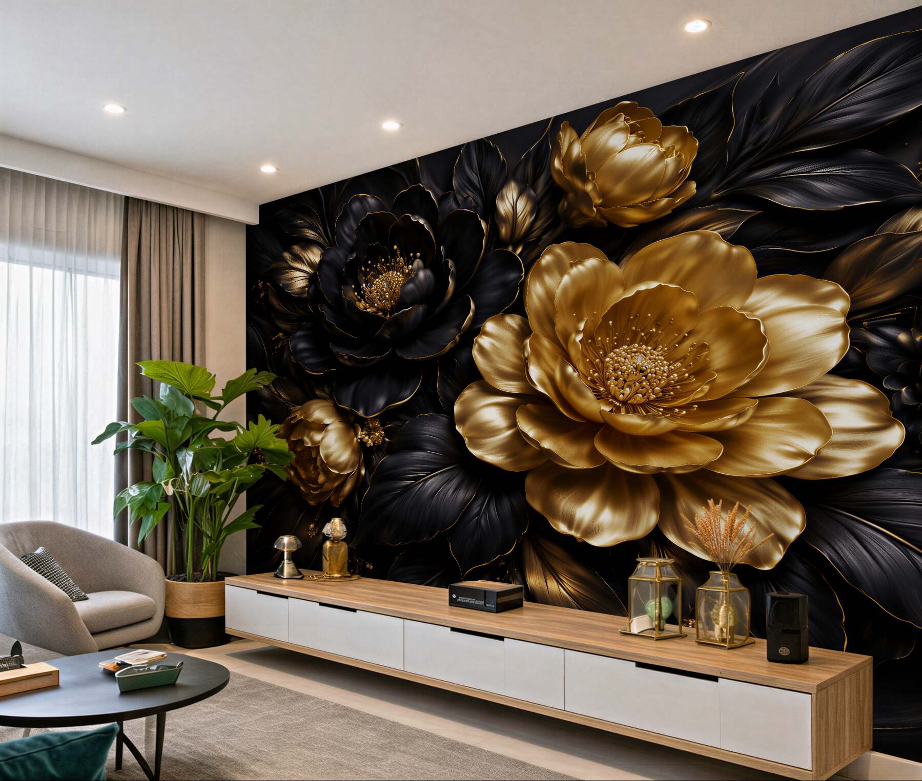 Fototapeta złoto-czarne kwiaty glamour